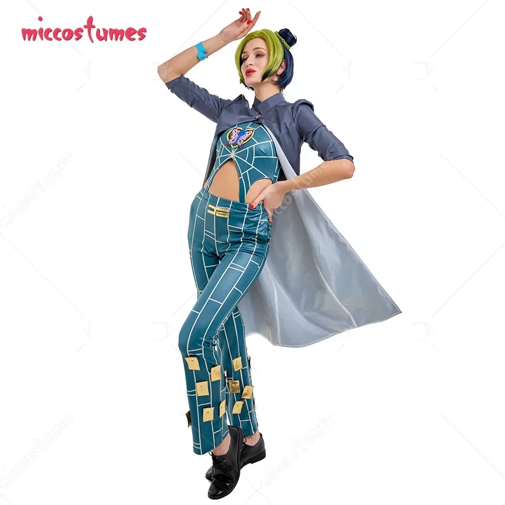 

Miccostumes Women's Jolyne Cosplay Costume Printed Top and Pants with Long Coat for Halloween Costumes