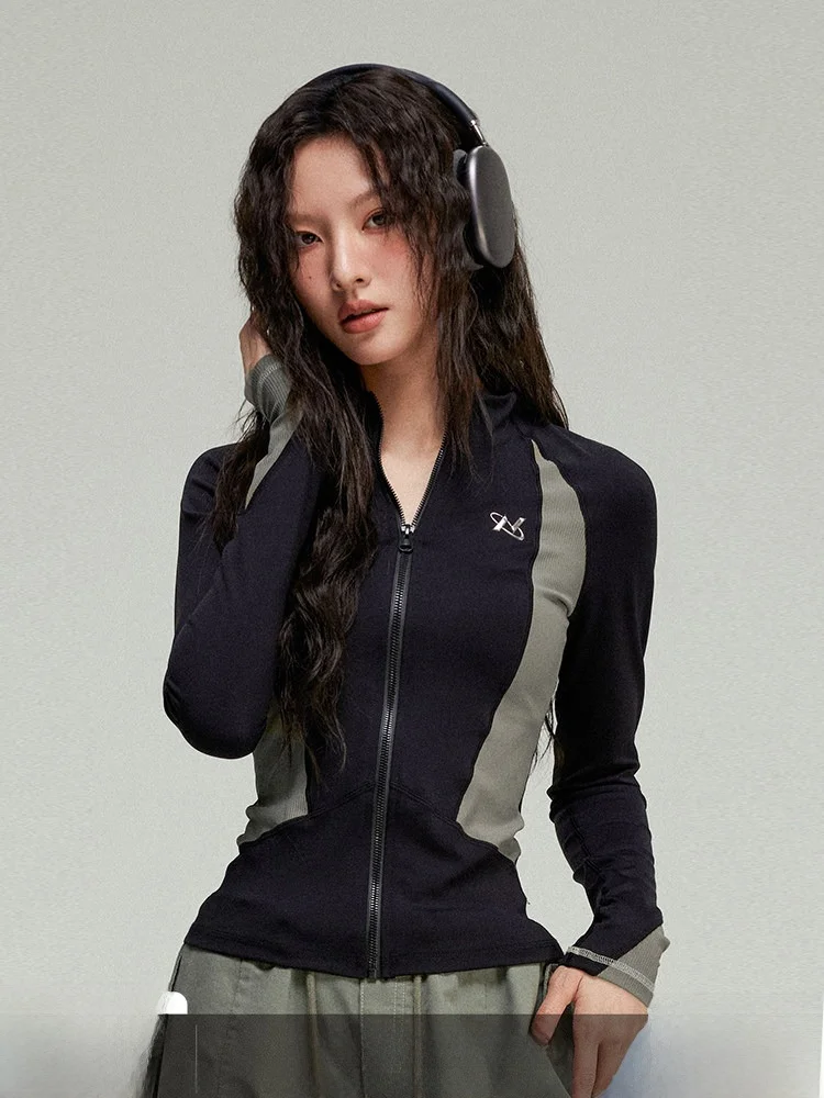 

AHNKANK Zipper Stand Collar Slim Fit ort Jaet Women's Original Design Nylon Spandex Patchwork Construction Spicy Girl Top