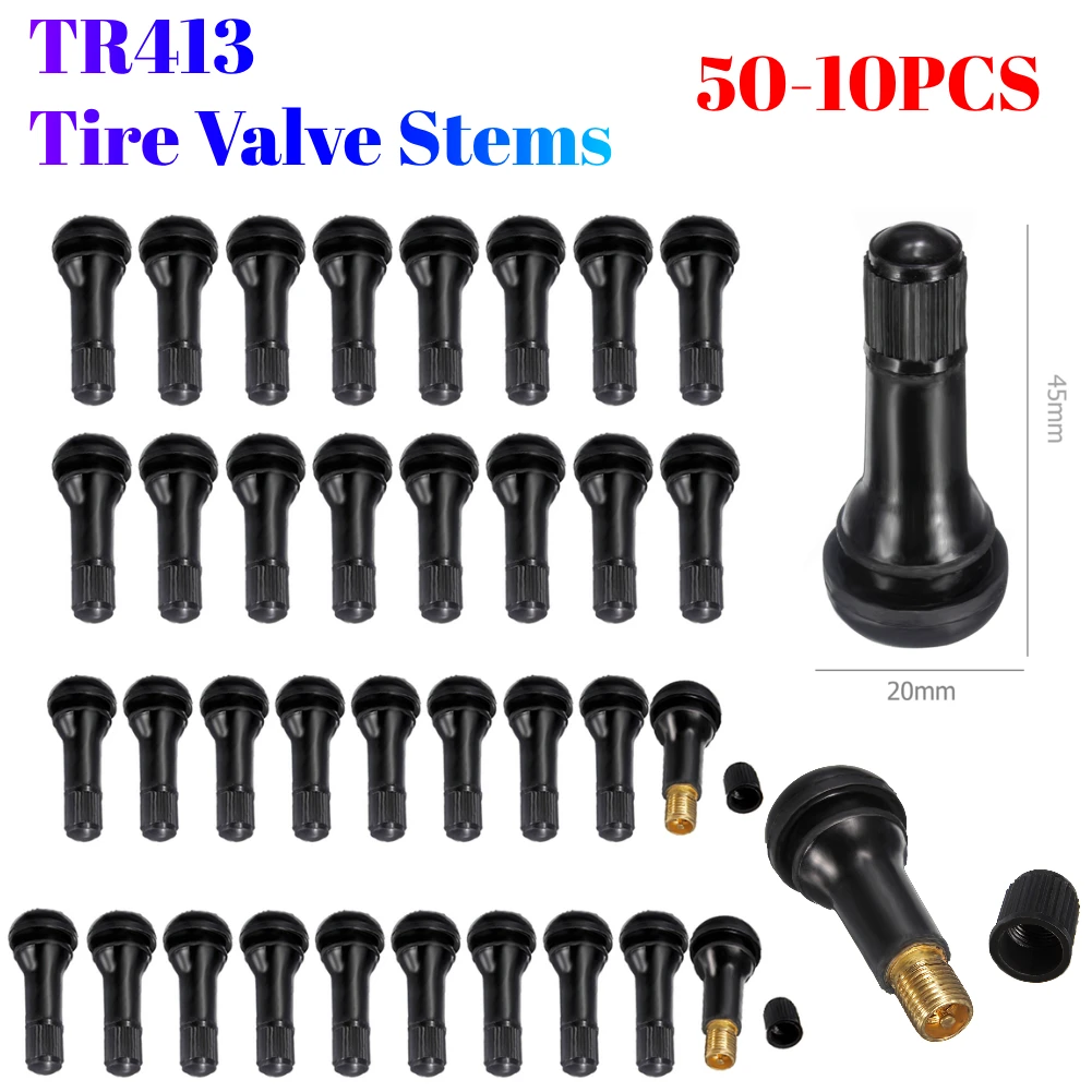 10-50PCS TR413 Tubeless Car Wheel Tire Valve Stems with Caps Tyre Rubber Valves with Dust Caps Black Rubber Valve Stems