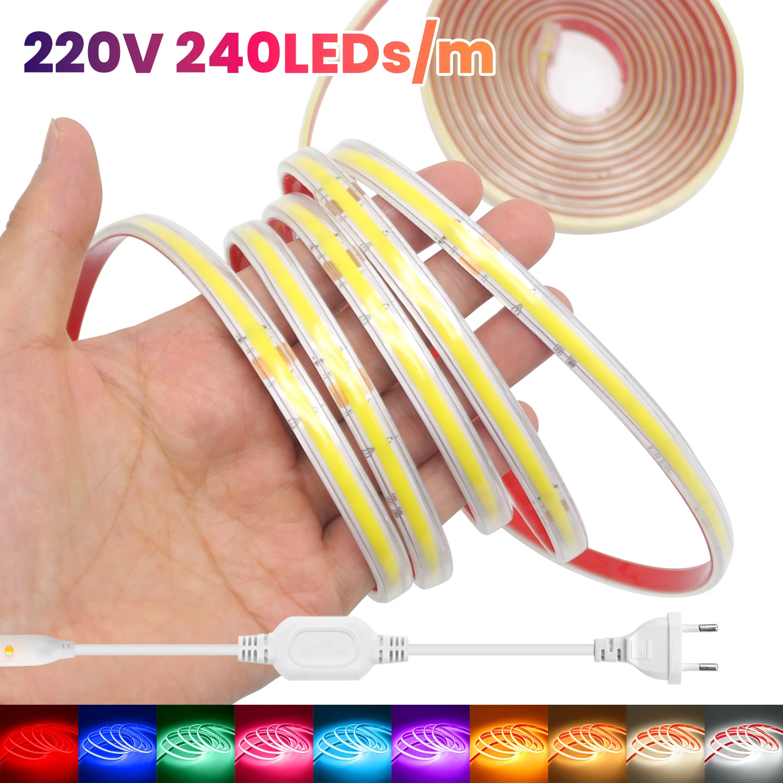 AC 220V COB LED Waterproof Bright 240LEDs/M Strip Light Red White Yellow Pink Blue Warm Flex Tape EU Plug for Kitchen Room Decor
