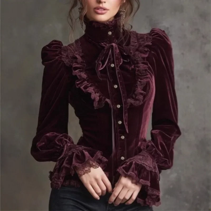 Retro elegant slim fit pleated button up shirt top, winter gold velvet lace patch high neck women's shirt