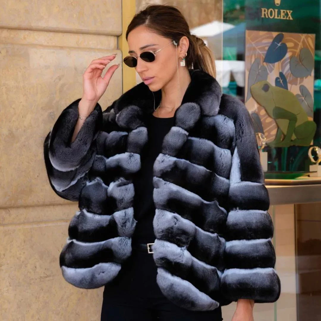 

Women Natural Rex Rabbit Fur Jacket Turn-down Collar Winter Fashion High Quality Genuine Rex Rabbit Fur Coat Full Pelt Overcoats