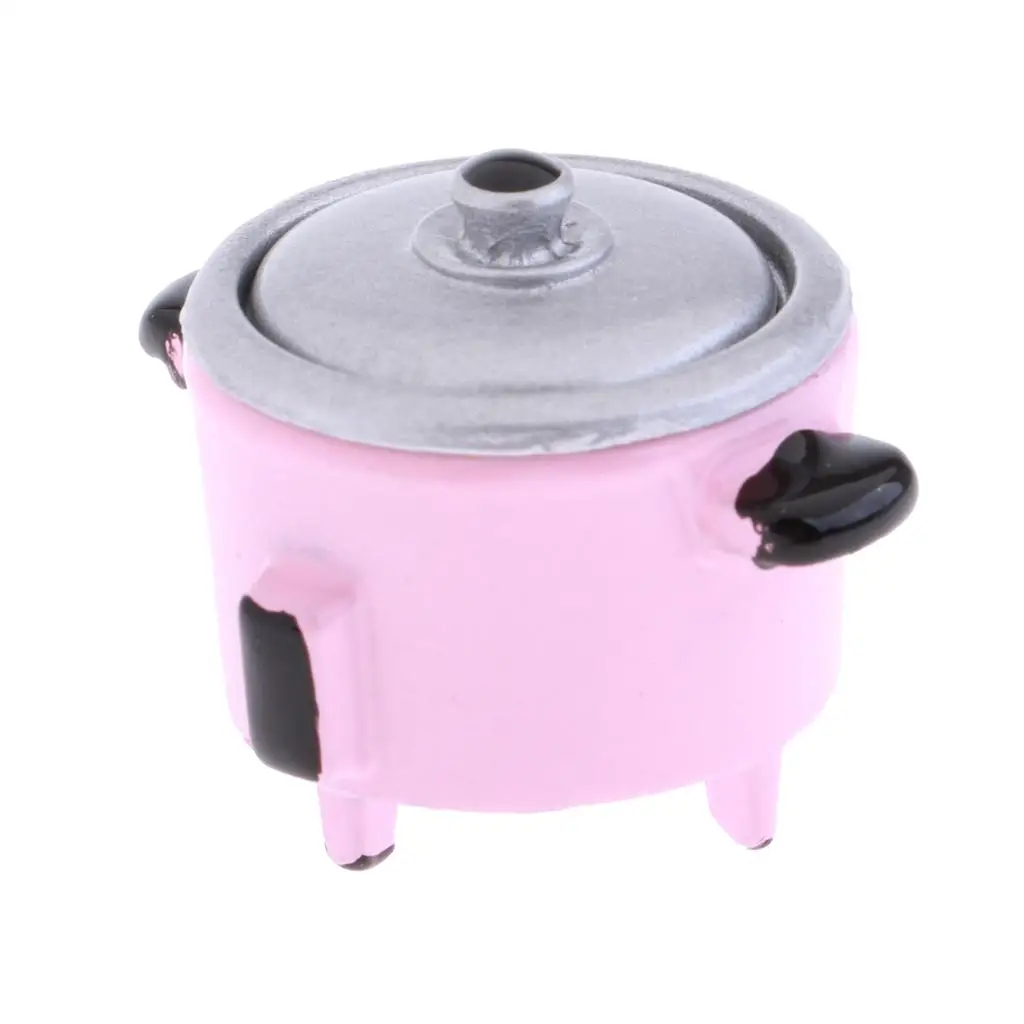 Dollhouse Miniature Kitchen Accessories Metal Electric Rice Cooker Pink for 1 12 Scale Dollhouse Decoration