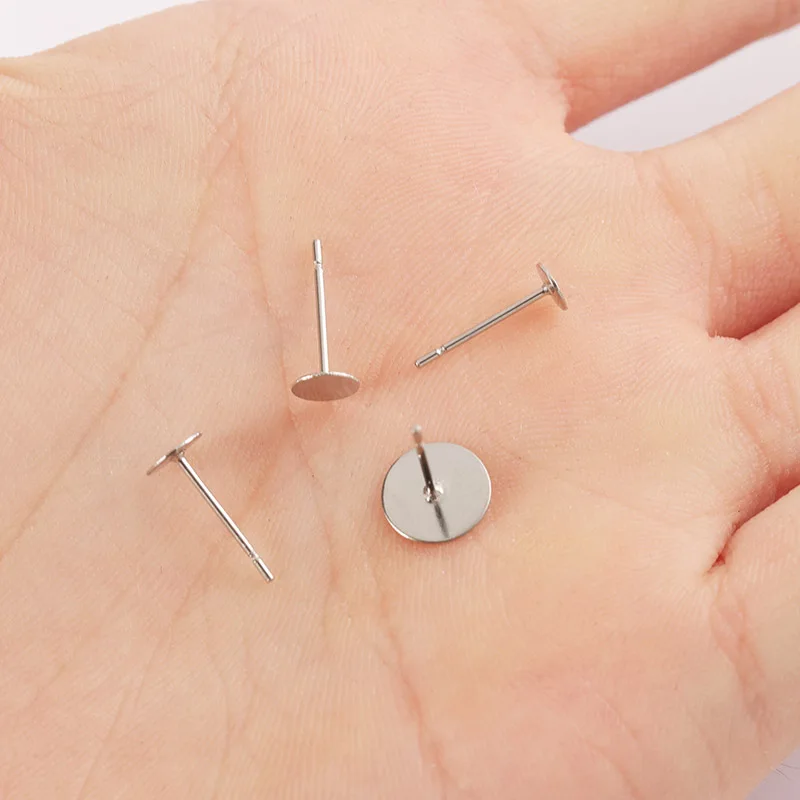 100 sztuk 3-12mm ze stali nierdzewnej puste Post kolczyk Stud baza szpilki stalowe płaskie okrągłe ustawienia tacy dla DIY tworzenia biżuterii dostaw — zdjęcie 7