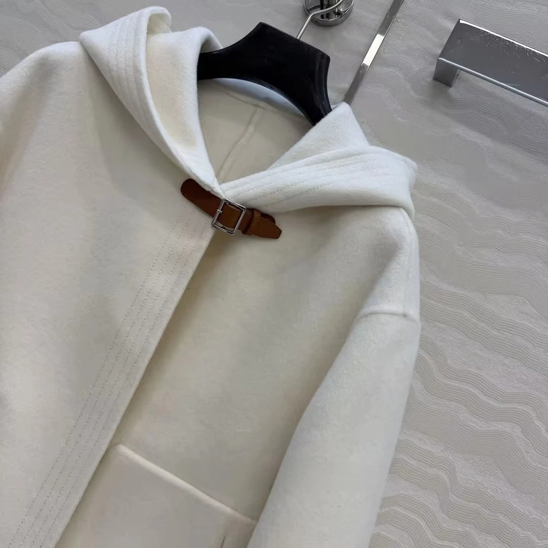 Luxury Fashion Fall Winter Double-sided Woolen Coat Women Preppy Style Hooded Leather Buckle Long Sleeve Chic Loose Jacket