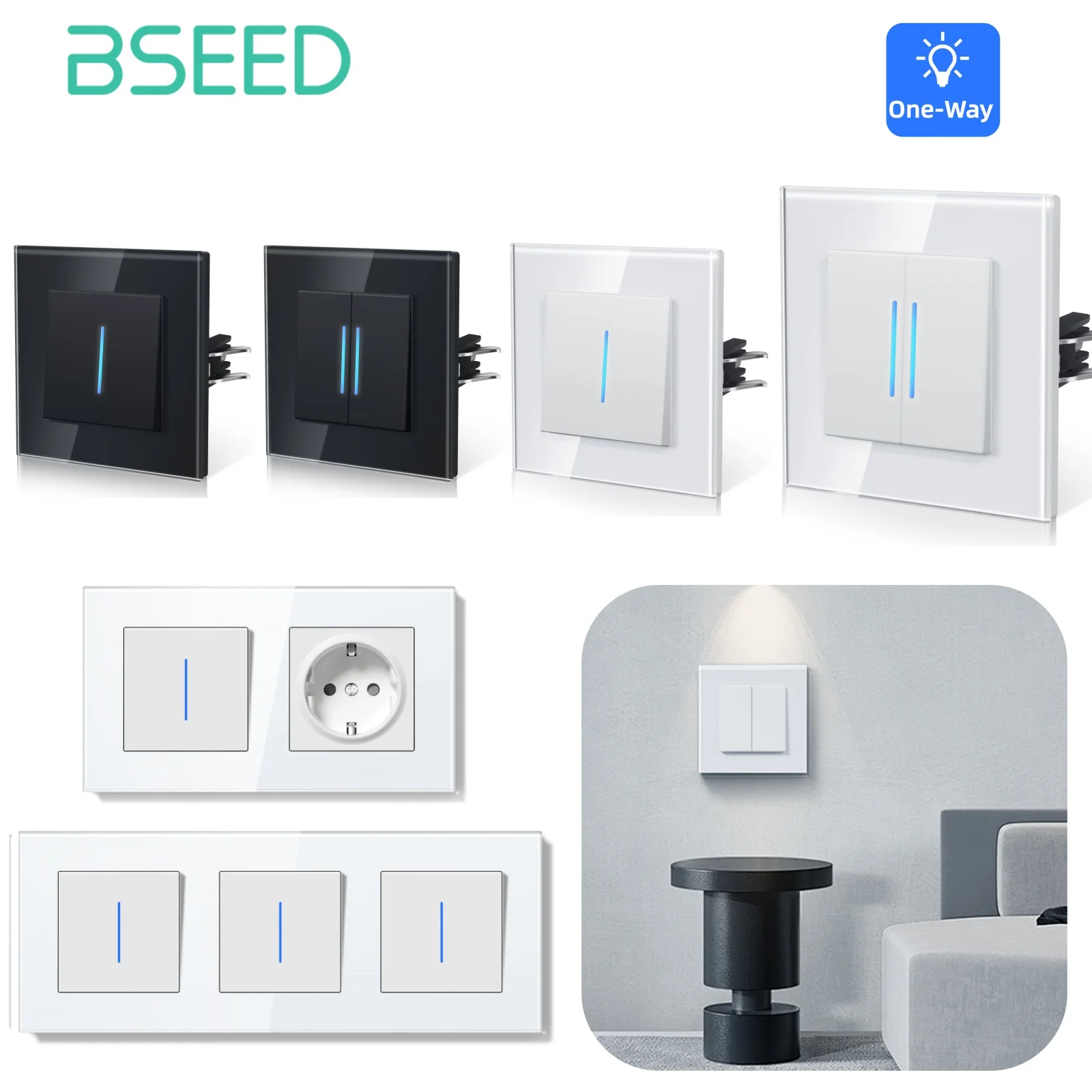 

BSEED Push Button Switch 1Way Light Switch With LED White Glass Frame Wall Switch with Indicator Lamp E-Series EU Standard