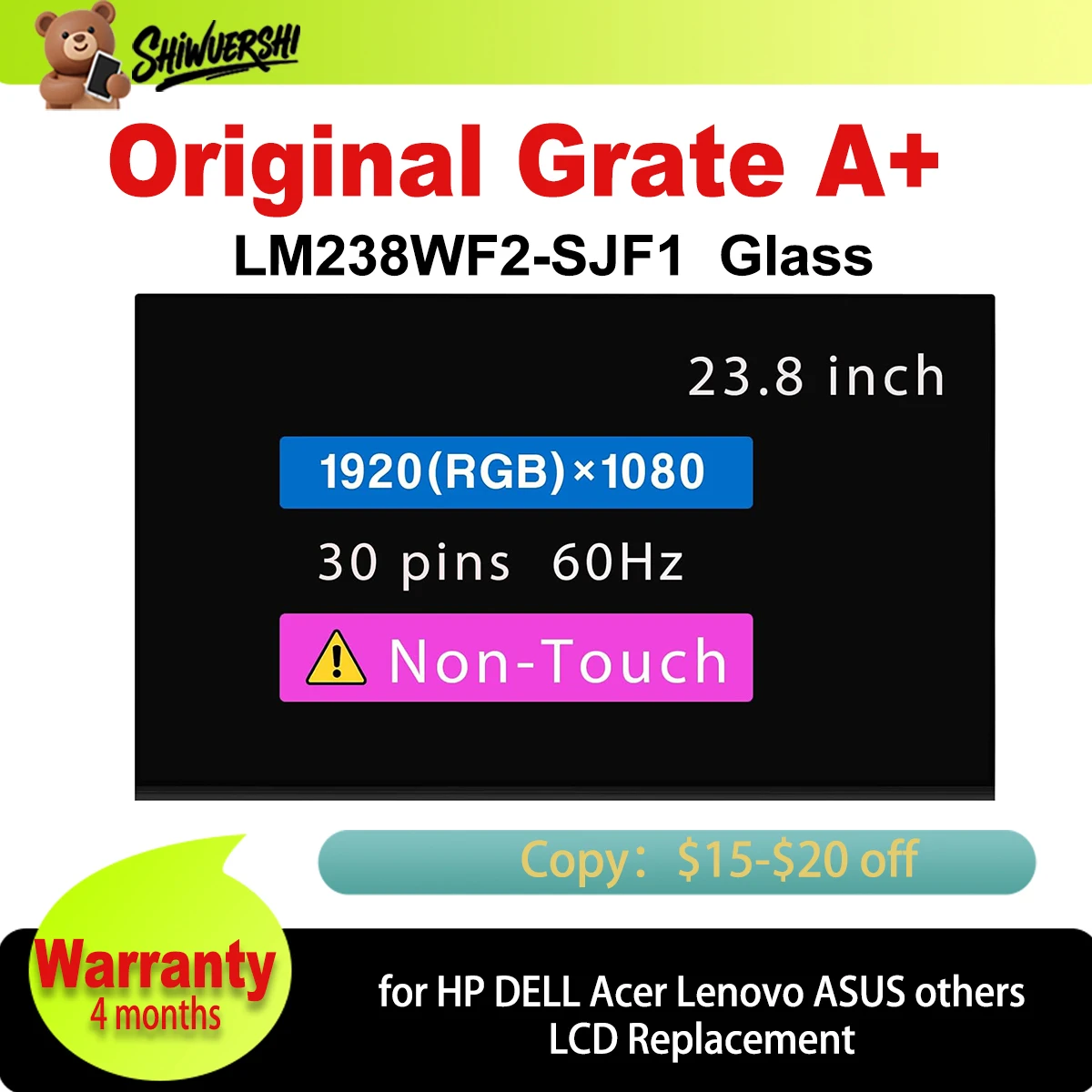 

Original New A+ 23.8'' Only LCD Glass Screen Display LM238WF2-SJF1 LM238WF2 SJF1 LM238WF2 (SJ)(F1) 1920×1080 FHD 30Pins Panel