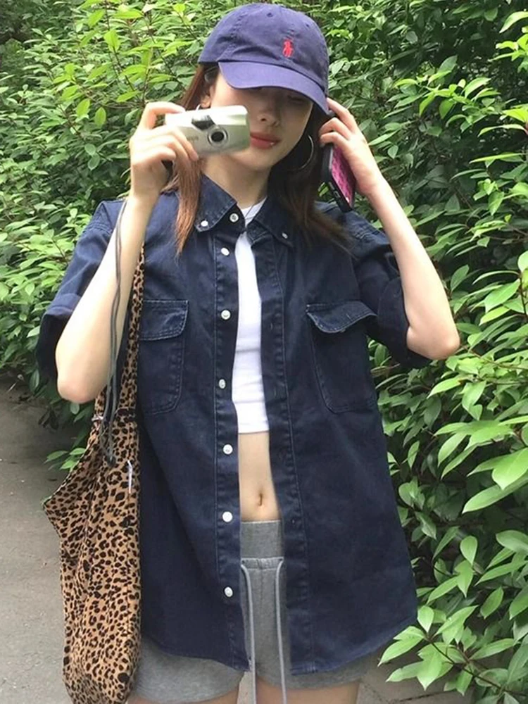 

Y2K Aesthetic Denim Shirt Women Single Breasted Vintage Short Sleeve Jeans Coats Summer Loose Female Jacket New