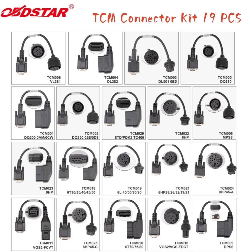 

Комплект разъемов OBDSTAR TCM, полный набор, 19 шт., для калибровки пробега коробки передач и клонирования ЭБУ, работает с DC706/G3