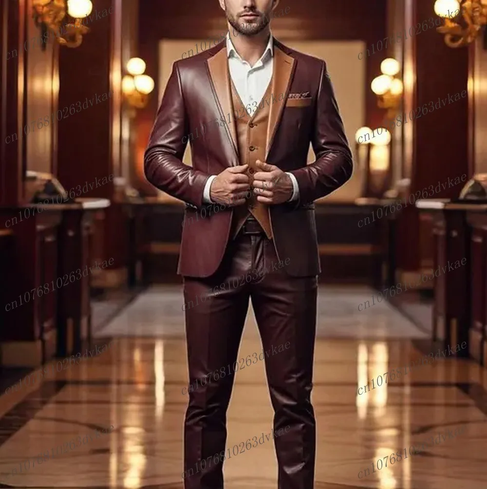 

Burgundy And Orange Satin Men Suit Wedding Party Formal Groom Groomsman Prom Business Male Tuxedos 3 Piece Set Jacket Vest Pants