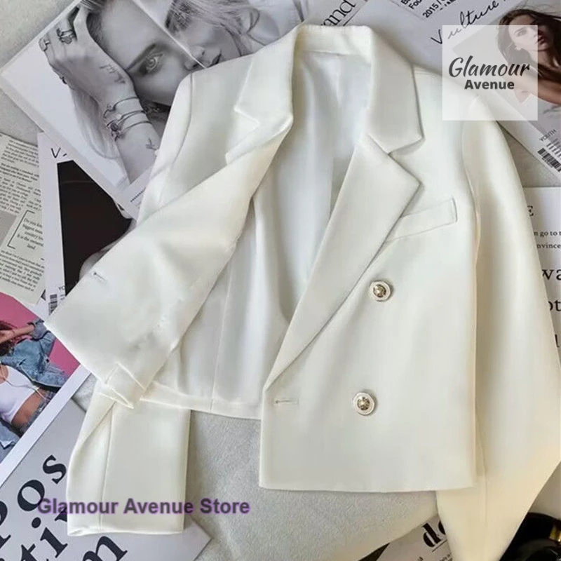 French style double-breasted white suit jacket female spring and autumn solid color short temperament long sleeve short suit.