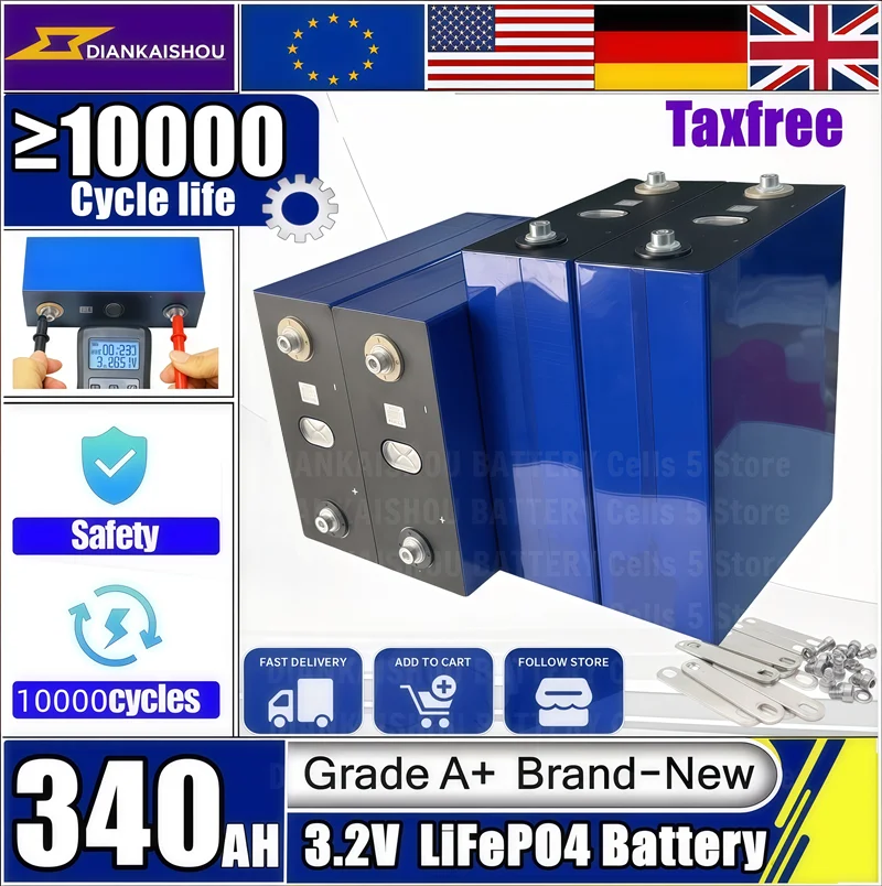 

Grade A 3.2V 340Ah LiFePO4 Battery 10000 Cycles Lithium Iron Phosphate Rechargeable Cell DIY 24V 48V RV EV Golf Cart Solar