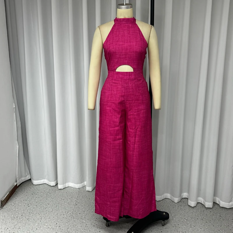 Waytobele Jumpsuit wanita, Jumpsuit musim panas kasual rompi leher bulat tambal sulam tanpa lengan renda longgar dengan saku Romper