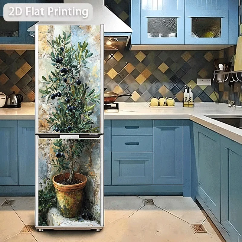 [2D Pattern Printing] Refrigerator Sticker [60X180 Cm] Refrigerator Dishwasher Sticker Ceramic Pot Olive Tree Wall Corner Plan