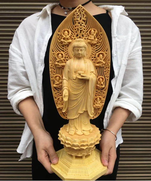 43CM Large --HOME family Ornament # TOP Handmade wood carving Sakyamuni Amitabha Medicine Buddha statue art