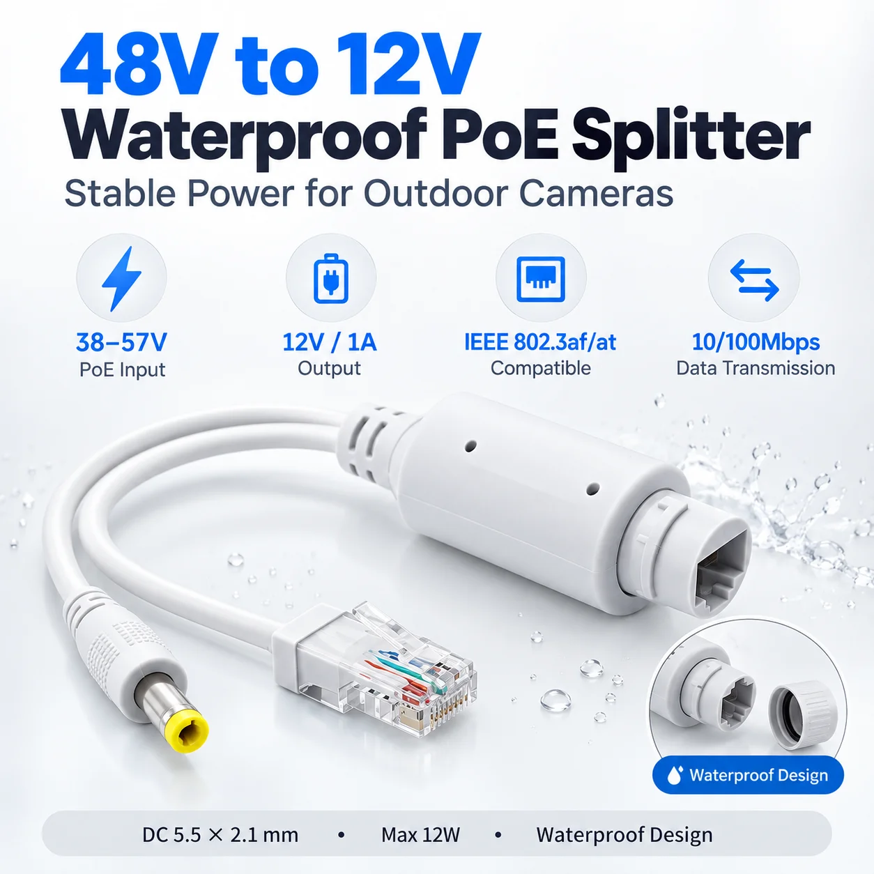 48V to 12V Waterproof PoE Splitter IEEE 802.3af/at 10/100Mbps 12V 1A DC 5.5x2.1mm Outdoor IP Camera Power Adapter