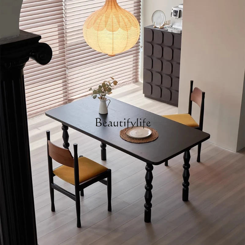 

Solid wood dining table French retro wabi style rectangular Italian minimalist black dining table