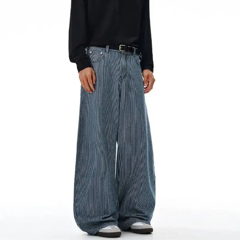 Niche Design Men's Denim Pants Striped Design Contrast Color Wide Leg Draped American Style Male Curved-knife Jeans 9W9NSI