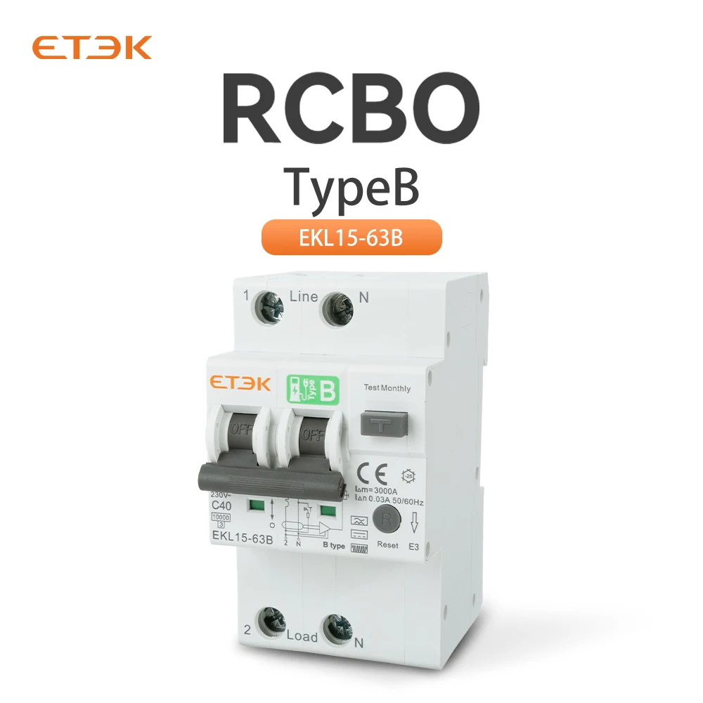 ETEK Miniature Circuit Breaker B Type Over Current and Leakage Protection 30mA Low Voltage RCD 2P 4P 40A RCBO EKL15