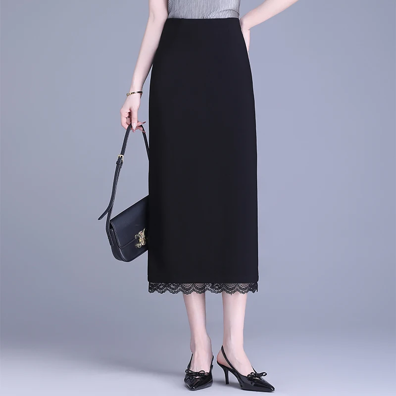 

Юбка женская прямого кроя с высокой талией, кружевной отделкой, для офиса, весна 2025, облегающая, из полиэфирного волокна