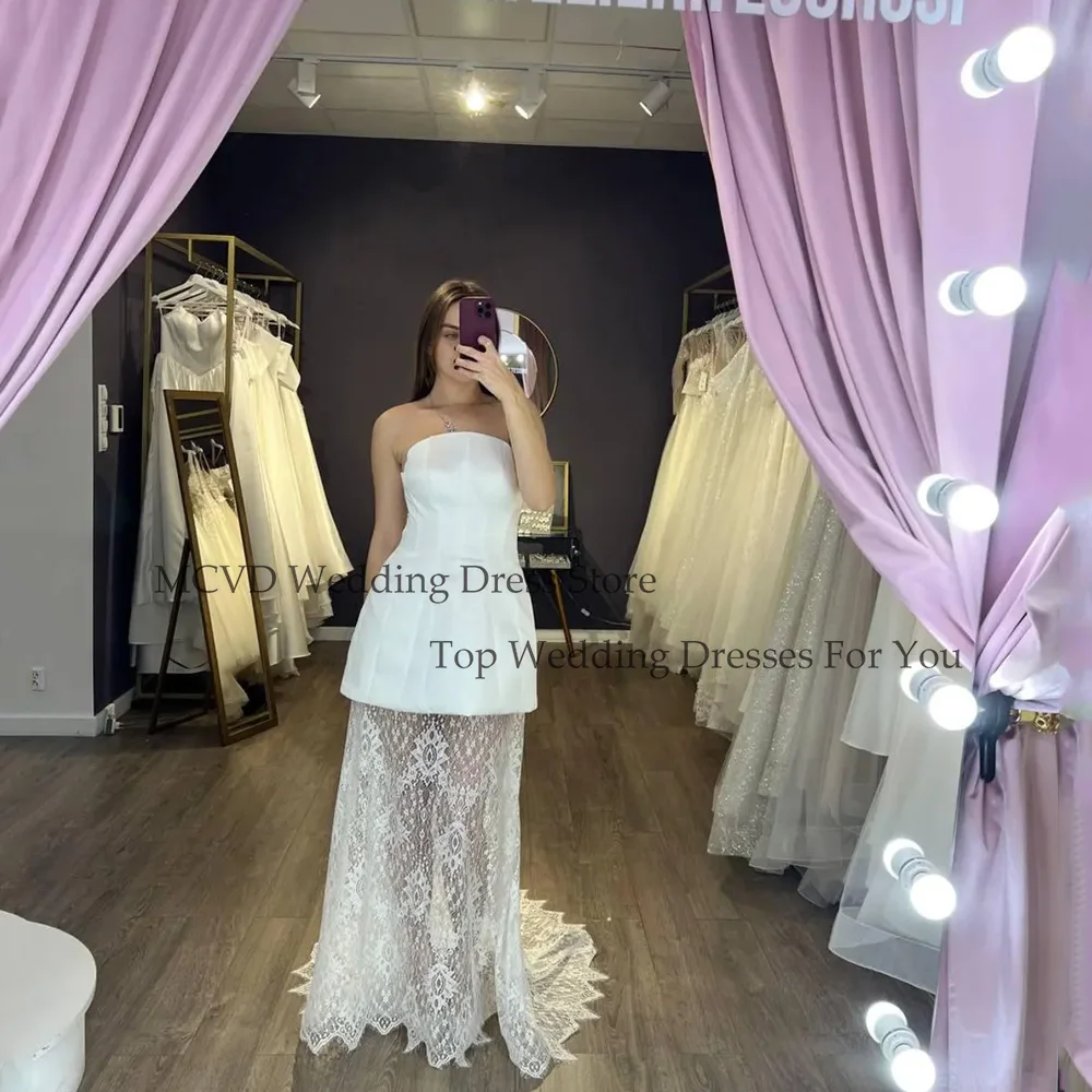 

MCDV Satin Wedding Dresses For Women A-Line Sleeveless Mini Bride Gowns Zipper Back Simple Short vestidos de novia Customized