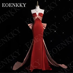EOENKKY Customized Elegant Evening Dress with Bow Detachable Train robes de soirée Mermaid Special Occasion Dresses Satin V Neck