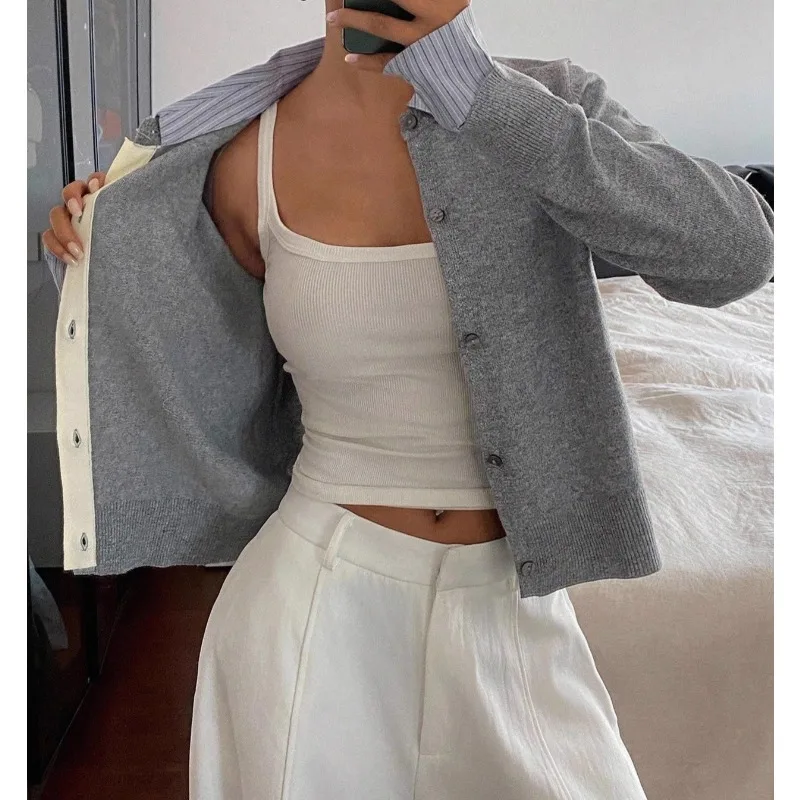 2025 Women's Gray Polo Collar Fake Two-piece Knitted Cardigan Autumn Design Top