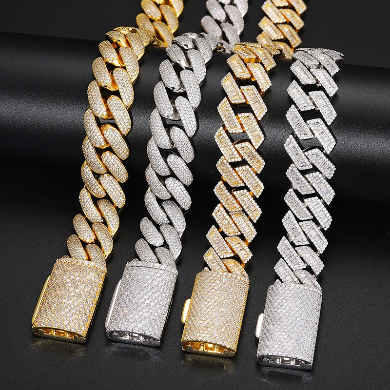 Arrival New Rapper Jewelry 20mm Gold Plated 925 Sterling Silver Round Cut VVS Moissanite Iced Out Cuban Link Chain for Men.