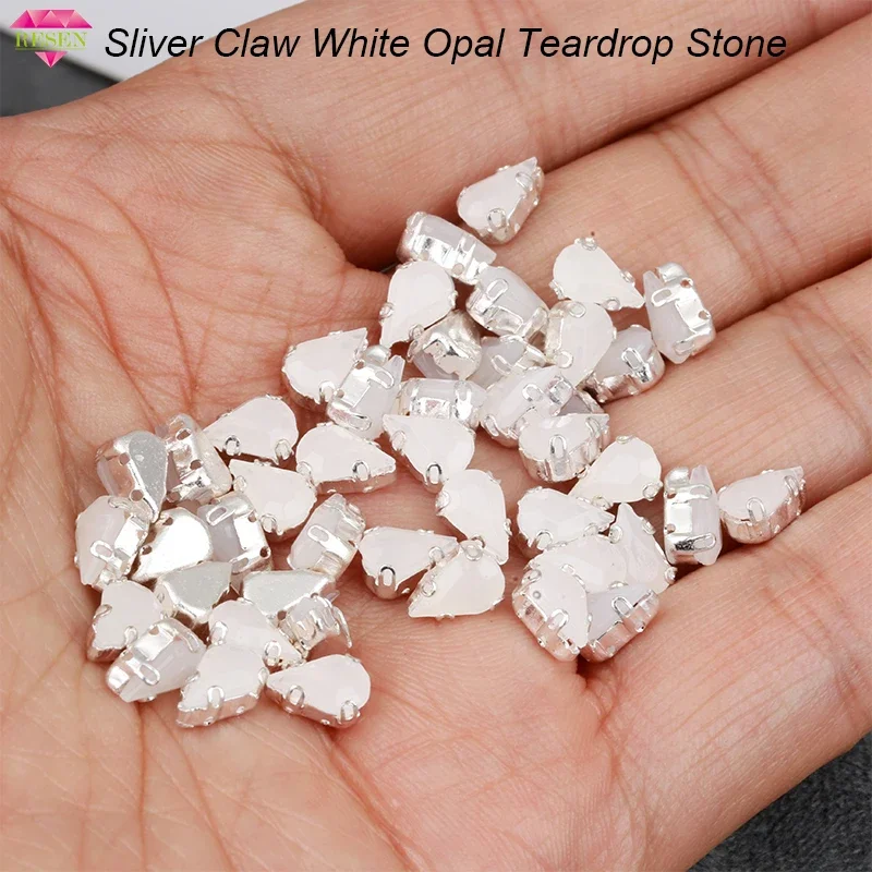 RESEN New Arrival! 5x8mm White Opal Sewing Teardrop Rhinestone Flatback Sliver Claw Resin White Opal Stone For Sew On Garment