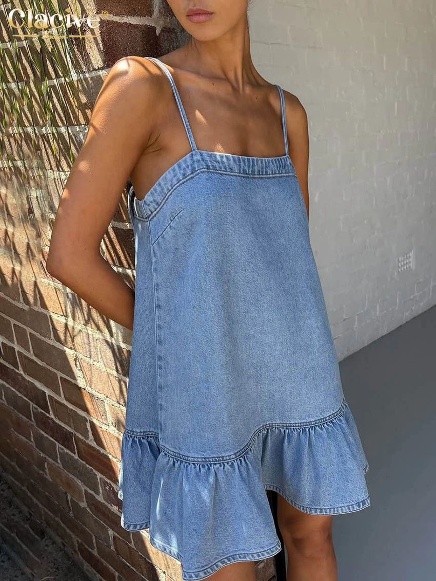 

Clacive Sexy Loose Blue Denim Cotton Women's Dress 2026 Summer Strap Sleeveless Mini Dresses Elegant Classic Solid Female Dress