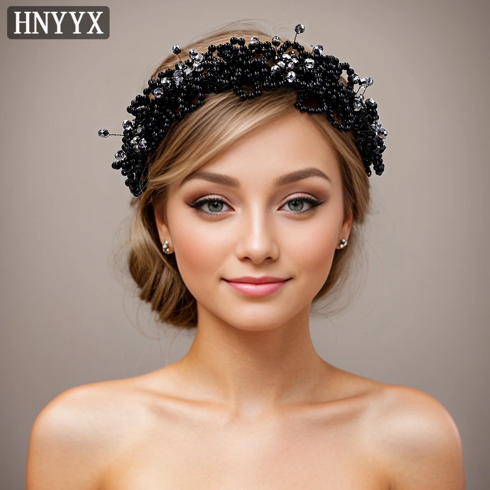 HNYYX High Quality Black Crystal Beaded Headband Woman Banquet Pearls Hair Hoops Fashion Jewelry  Hair Jewelry A15