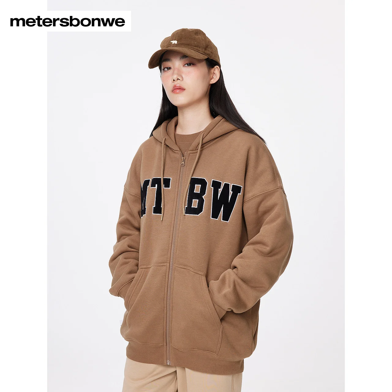 Metersbonwe-Men's And Women's Knit Cardigan Fleece-Lined Thick Loose Jackets  Letter Patch Designs  Campus Casual Couple Winter