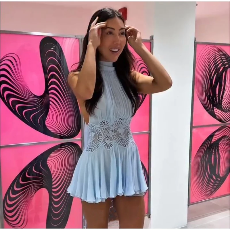 Sexy Patchwork Mini Dress Women Halter Backless See Through Ribbon Fold Vestidos Female 2026 Summer New Beach Vacation Dresses