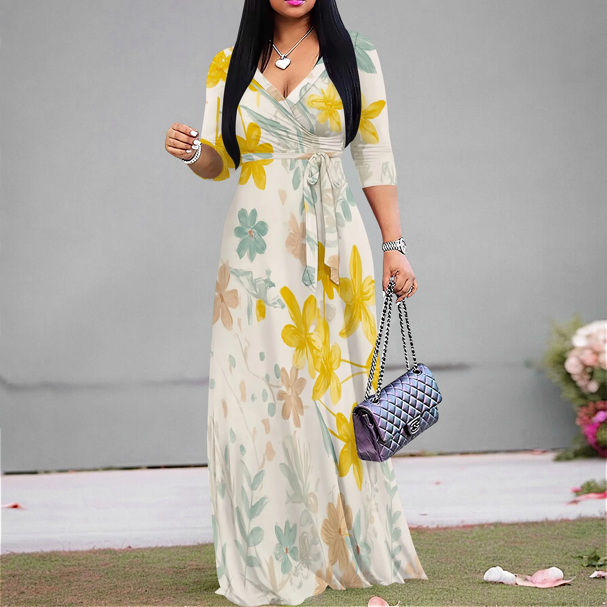 

Floral Print Maxi Dress S‑3XL V‑Neck Wrap Style with Tie Waist & 3/4 Sleeves for Spring Picnic, Garden Party or Mother's Day