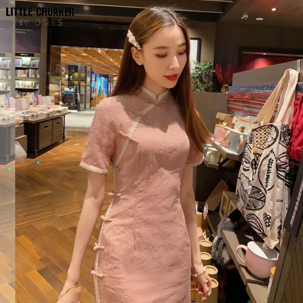 Women Qipao Improved Cheongsam Summer Chinoiserie Pink Chinese Young Girl Little Fresh Vintage Elegant Dress Girl