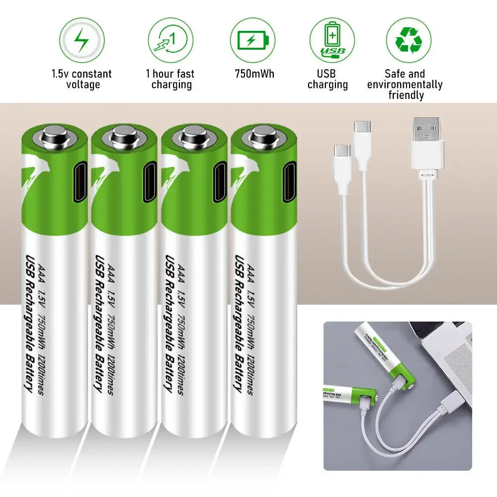USB AAA Rechargeable Batteries 1.5V 750 MWh Li-ion Battery for Remote Control Mouse Electric Toy Battery