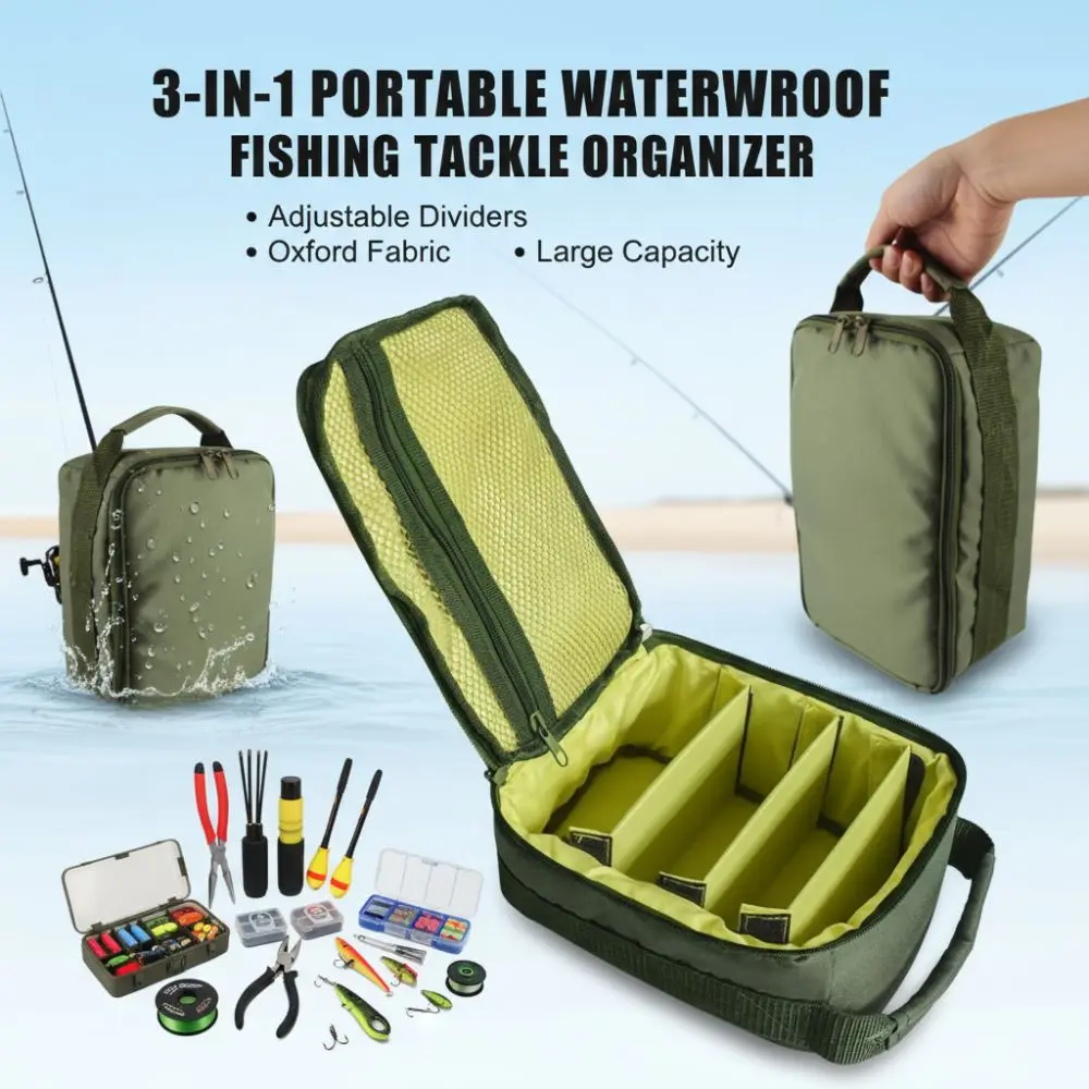 3-in-1 Fishing Tackle Bag Waterproof 3 Adjustable Dividers Fishing Reel Storage Bag Portable Oxford Cloth