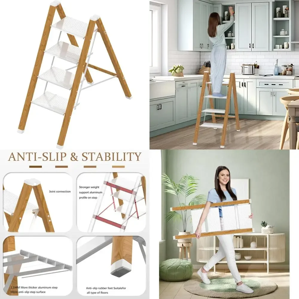 

Aluminum 4-Step Foldable Ladder - Lightweight, Sturdy Step Stool for Home Use, Supports 330 Lbs, Adult-Sized White