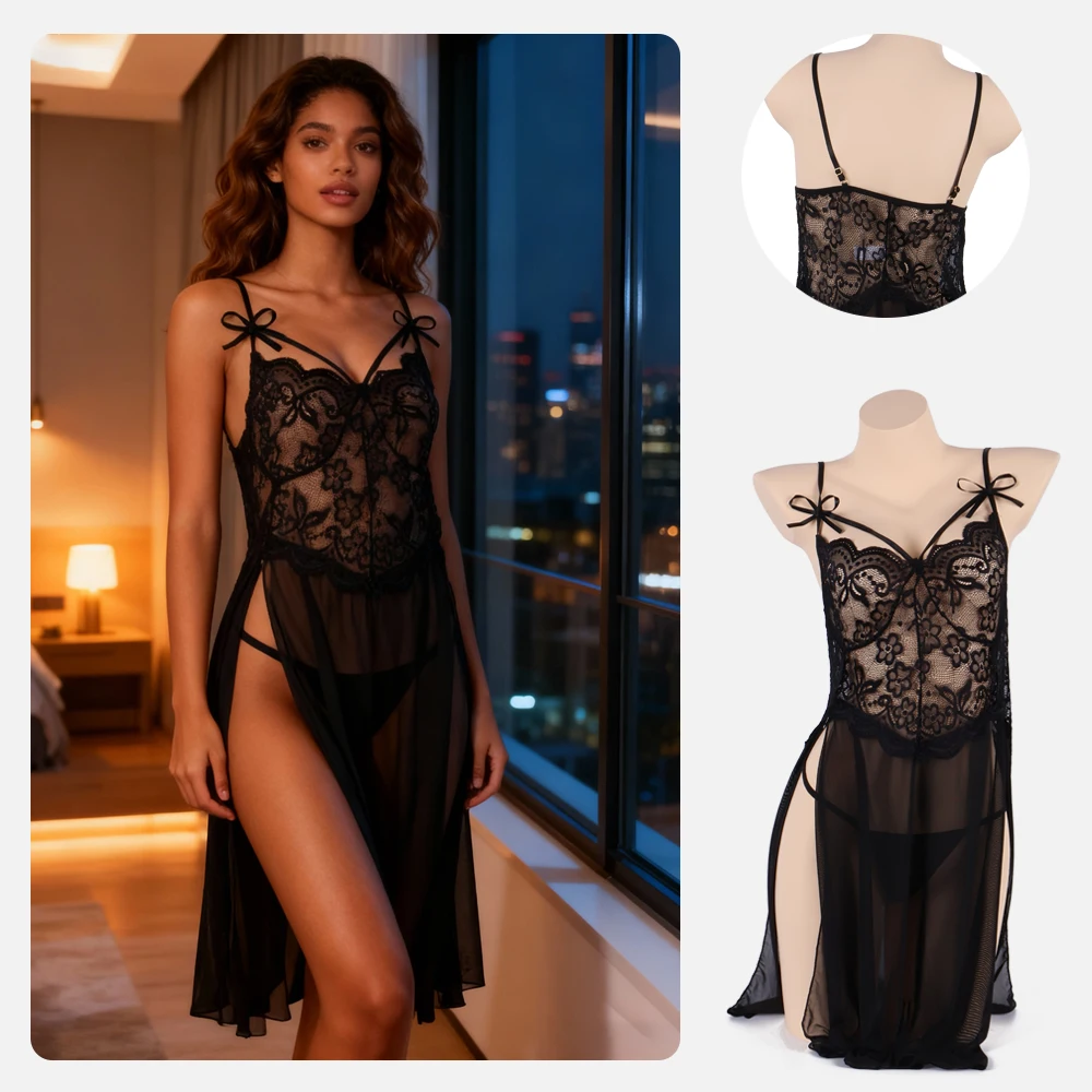 

New in Sexy Lingerie for Woman Transparent Porno Teddy Costumes Babydoll Lace Dress Plus Size Underwear Crotchless Sleepwear