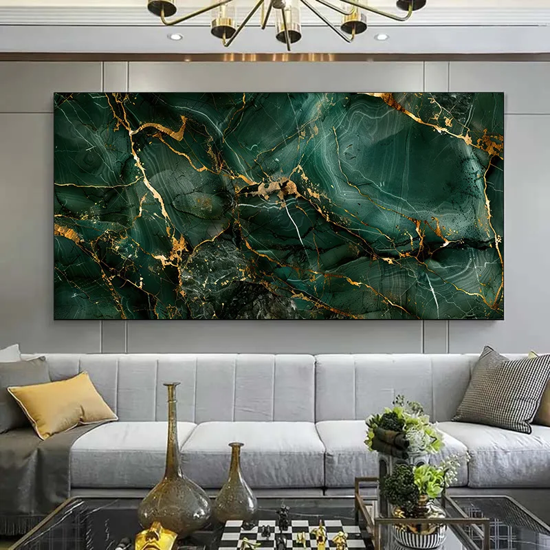Large Frameless Modern Marble Canvas Art Emerald and Gold Texture Wall Decor Living Room,Elegant Abstract Design, Bedroom Wall