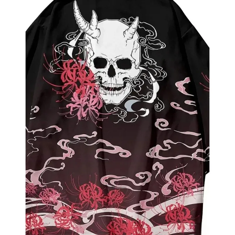 المألوف بنين بنات الأطفال الملابس التقليدية عارضة الأسود الجمجمة طباعة كيمونو شاطئ الشارع الملابس كيمونو سترة