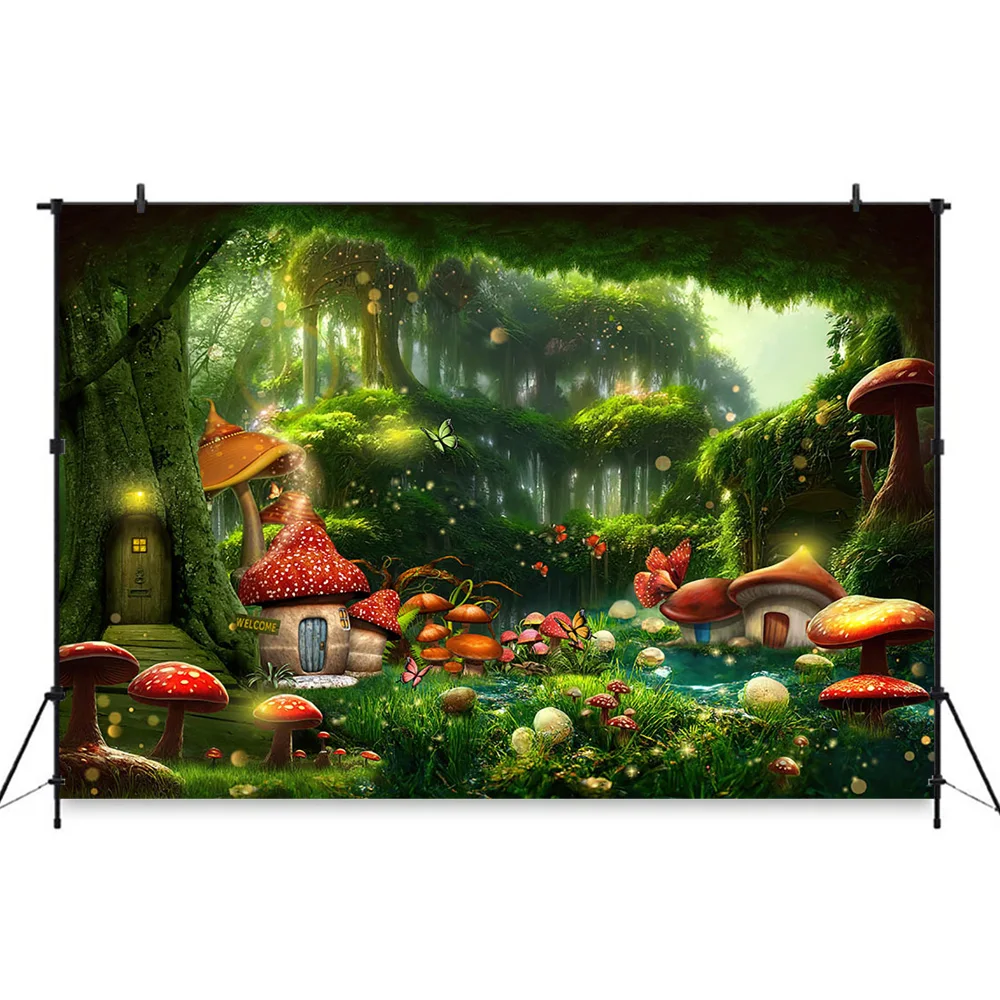 Spring Magic Forest Green Photography Background Tree House Giant Mushroom Butterfly Decor Backdrop Children Birthday Studio