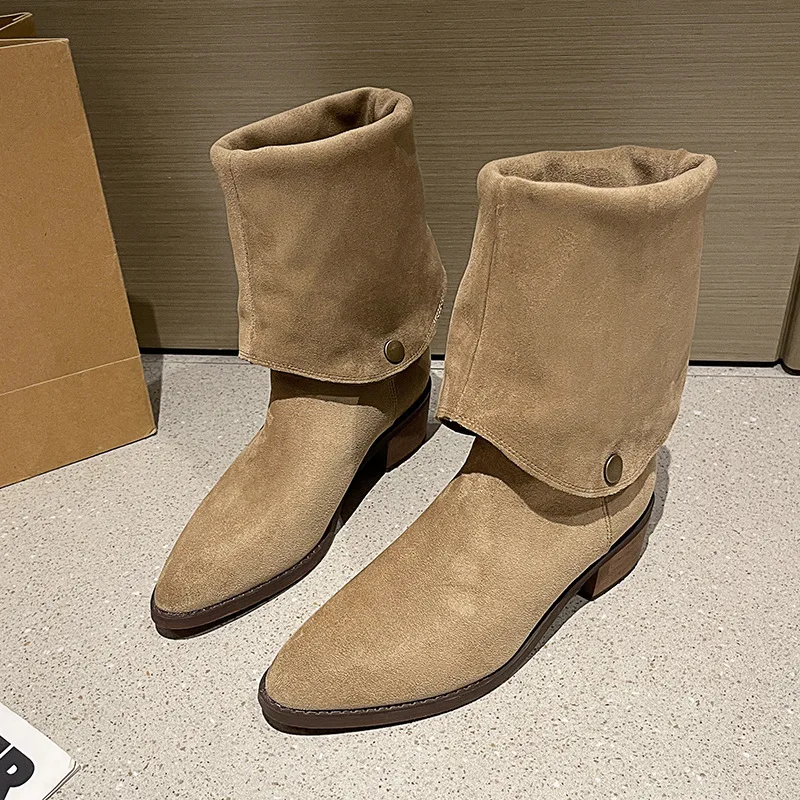 Retro Two-wear Stacked Women's Boots High Quality Suede Leather Knee-high Boots for Women Pointe Chelsea Ankle Boots Botas Mujer