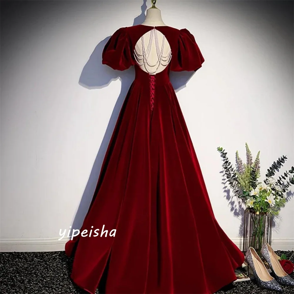 Personalizado elegante de alta qualidade vestido de baile quadrado beading aberto volta drapeado anke comprimento veludo vestidos de noite arábia saudita