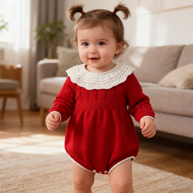 

2026 New Spring 0-3Y Newborn Baby Girls Knit Bodysuit Christmas Long Sleeved Knit Splicing Infant Baby Girls Knitted Jumpsuit