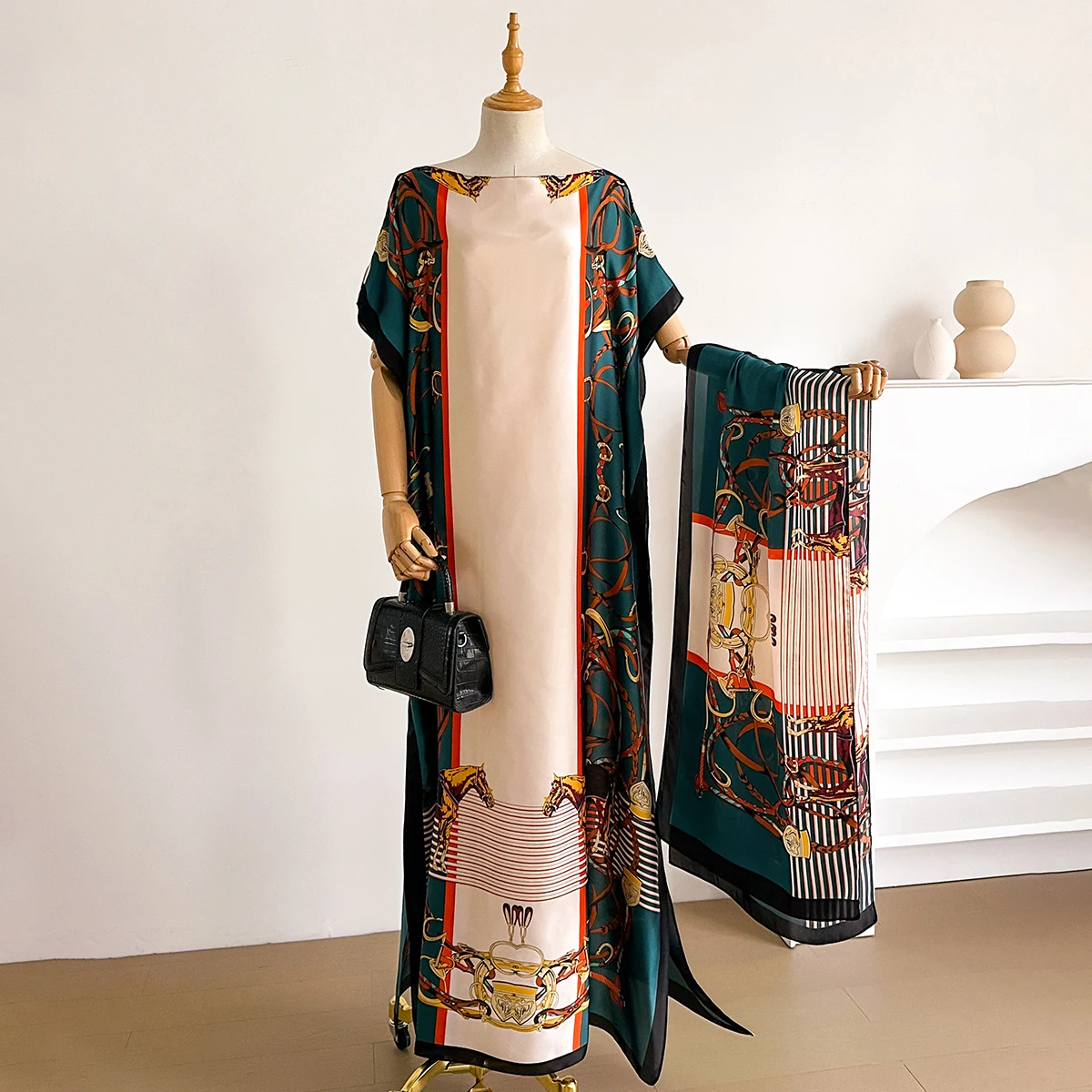 Women's Summer Fashion African Print Silk Kaftan Long Hijab Shawl Oversize Muslim Lady Dress Elegant Kuwait Abaya Scarf