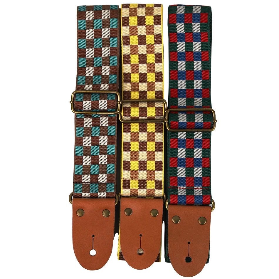 P&P Tartan Plaid Guitar Belt Strap Genuine Leather End for Acoustic Electric Folk Guitar Bass Strap