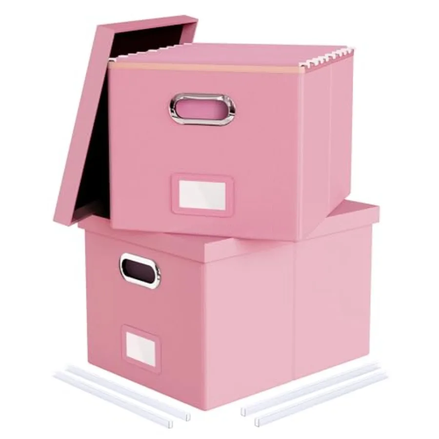 

Pink Leather File Storage Organizer with Lid - Portable Filing Box for Letter/Legal File Folder Storage