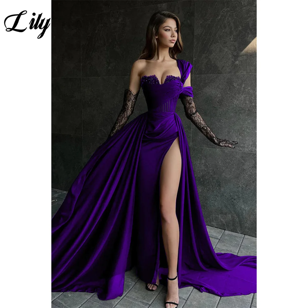 Vestidos de Noche de sirena de encaje de lirio para mujer, un hombro, negro, dividido lateral, mancha