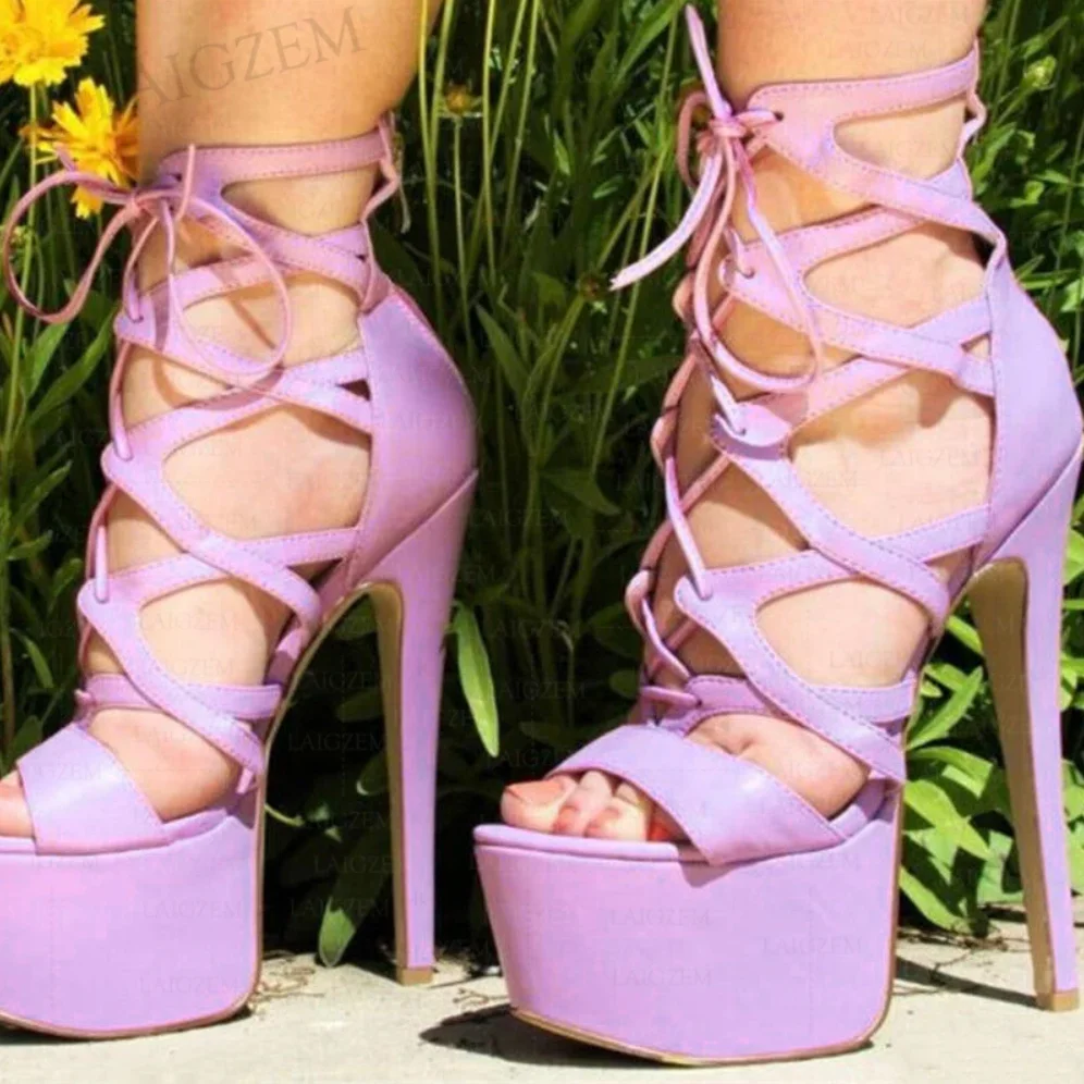 

BERZIMER Women Platform Sandals Faux Leather Open Toe Thin High Heels Pumps Party Prom Lace Up Shoes Woman Big Size 43 45 50 52